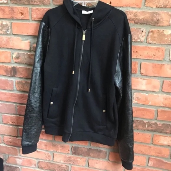 Versace Collection Hoodie Jacket Leather Cotton Sleeves Zip Up Hood Coat Logo MS - Picture 2 of 16